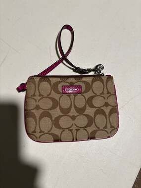Coach Signature Canvas Small Wristlet with Magenta Pink Patent Leather Trim
